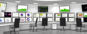 bureau avec chaises, ordinateurs et images de statistiques