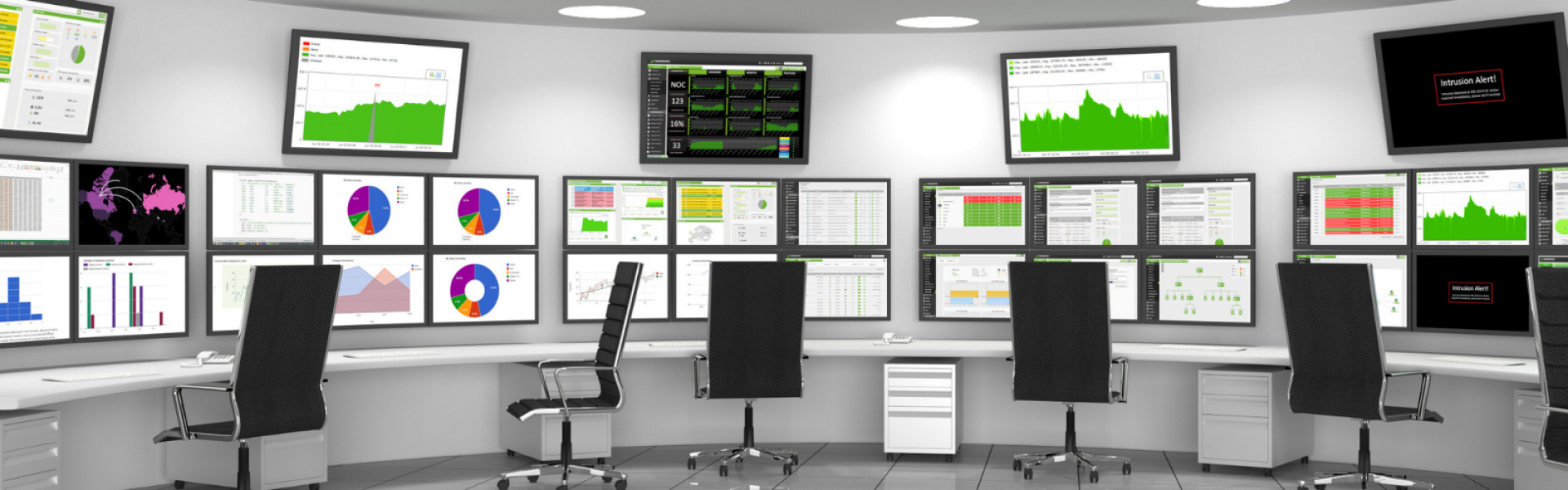 bureau avec chaises, ordinateurs et images de statistiques