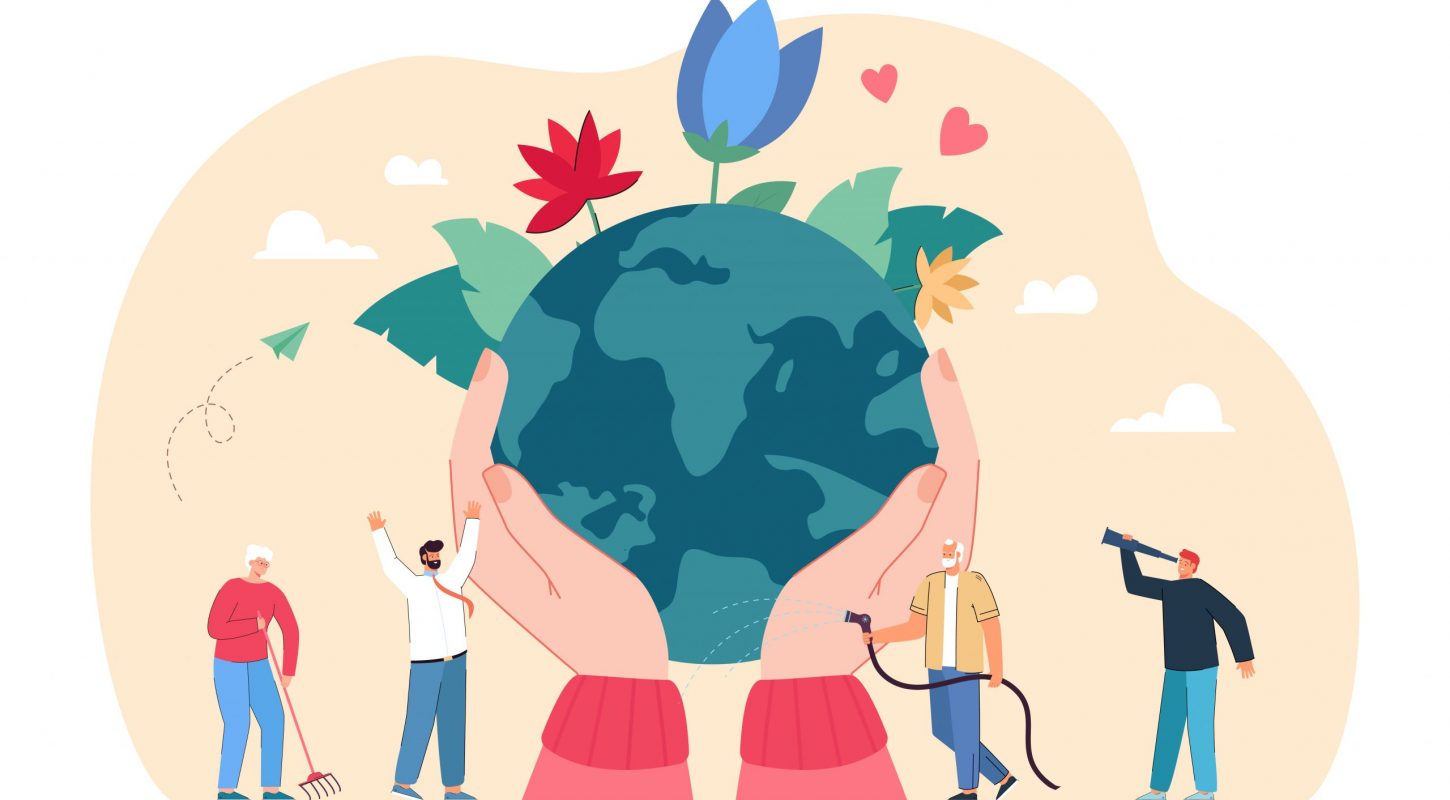 Cartoon people gardening and huge hands protecting world. Person watering plants, save planet, green or eco lifestyle flat vector illustration. Environment, ecology, Earth day, care, nature concept